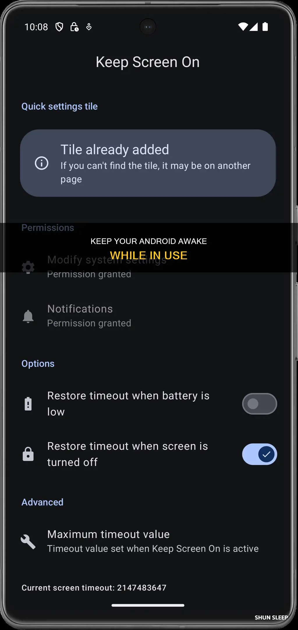 how to disable android sleep when it is being used
