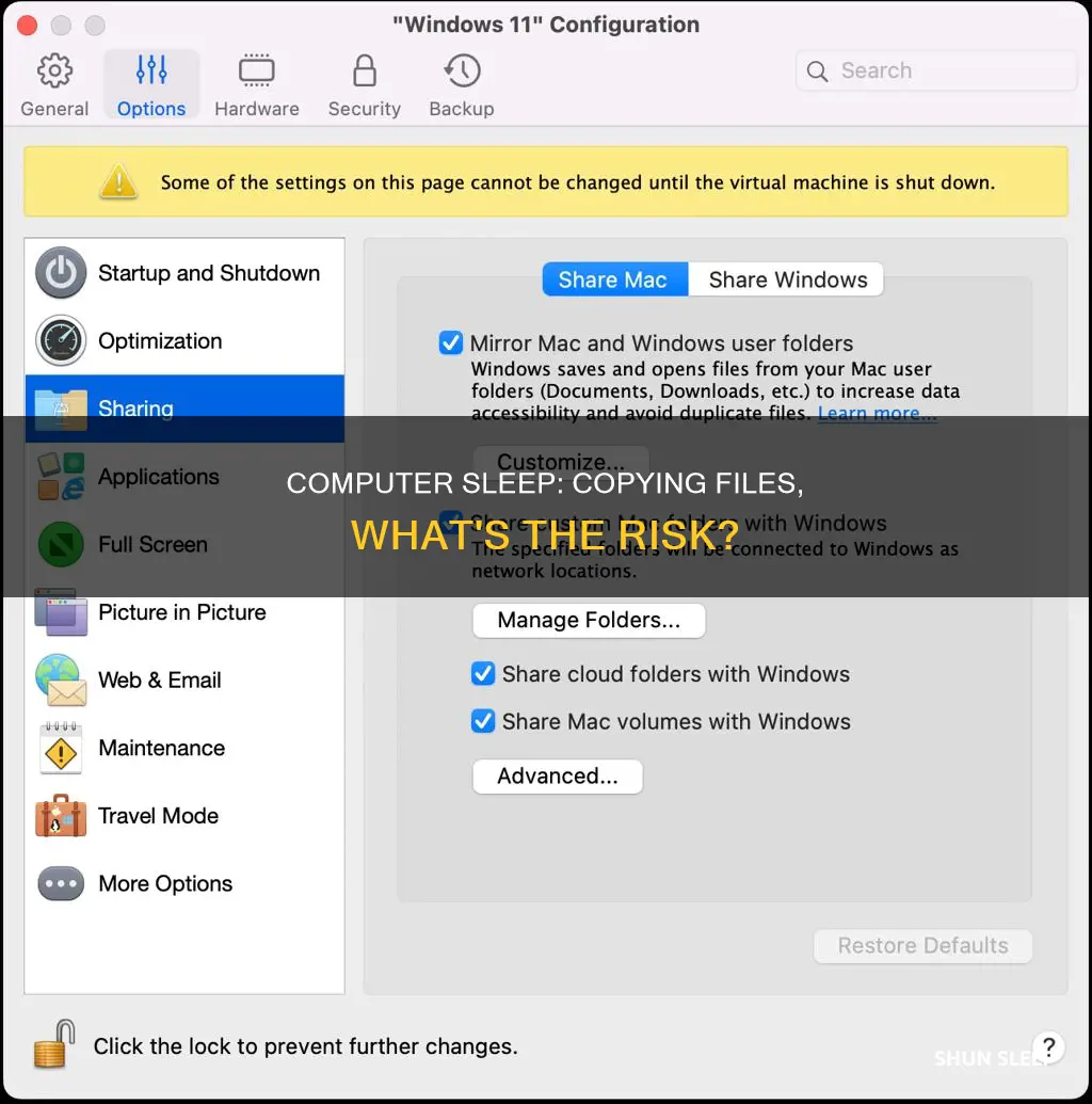what happens if computer goes to sleep while copying